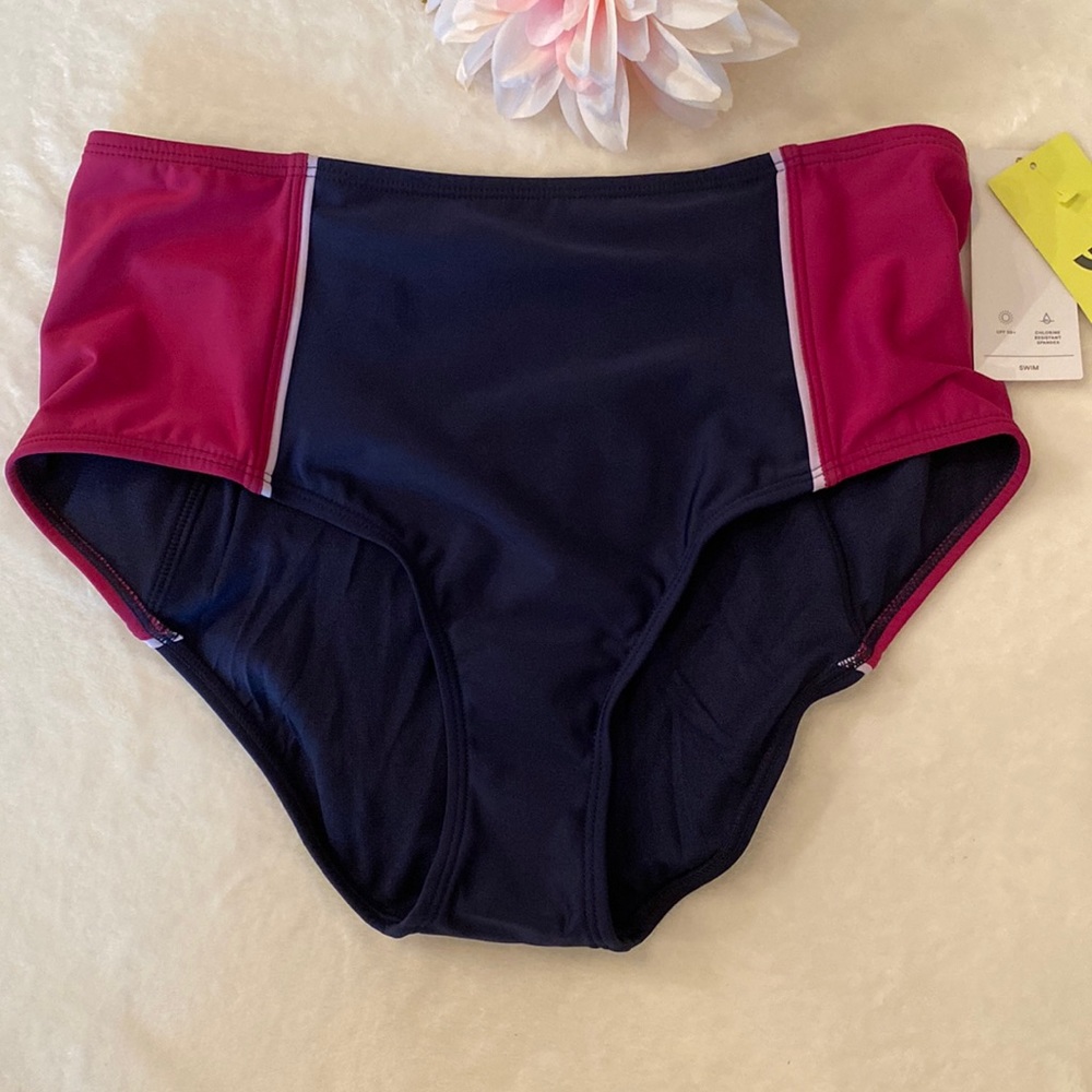 Navy Blue and Raspberry Medium Coverage Swim Bottoms